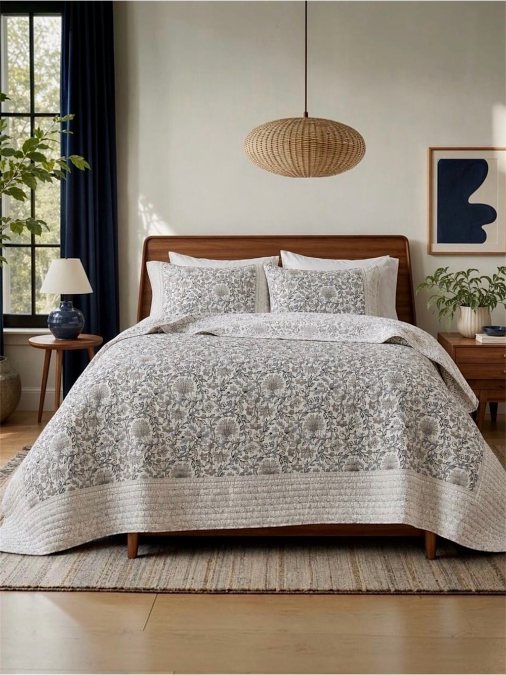 NEW West Elm Blue White Botanical Reversible Queen King Bedding Quilt & Sham Set